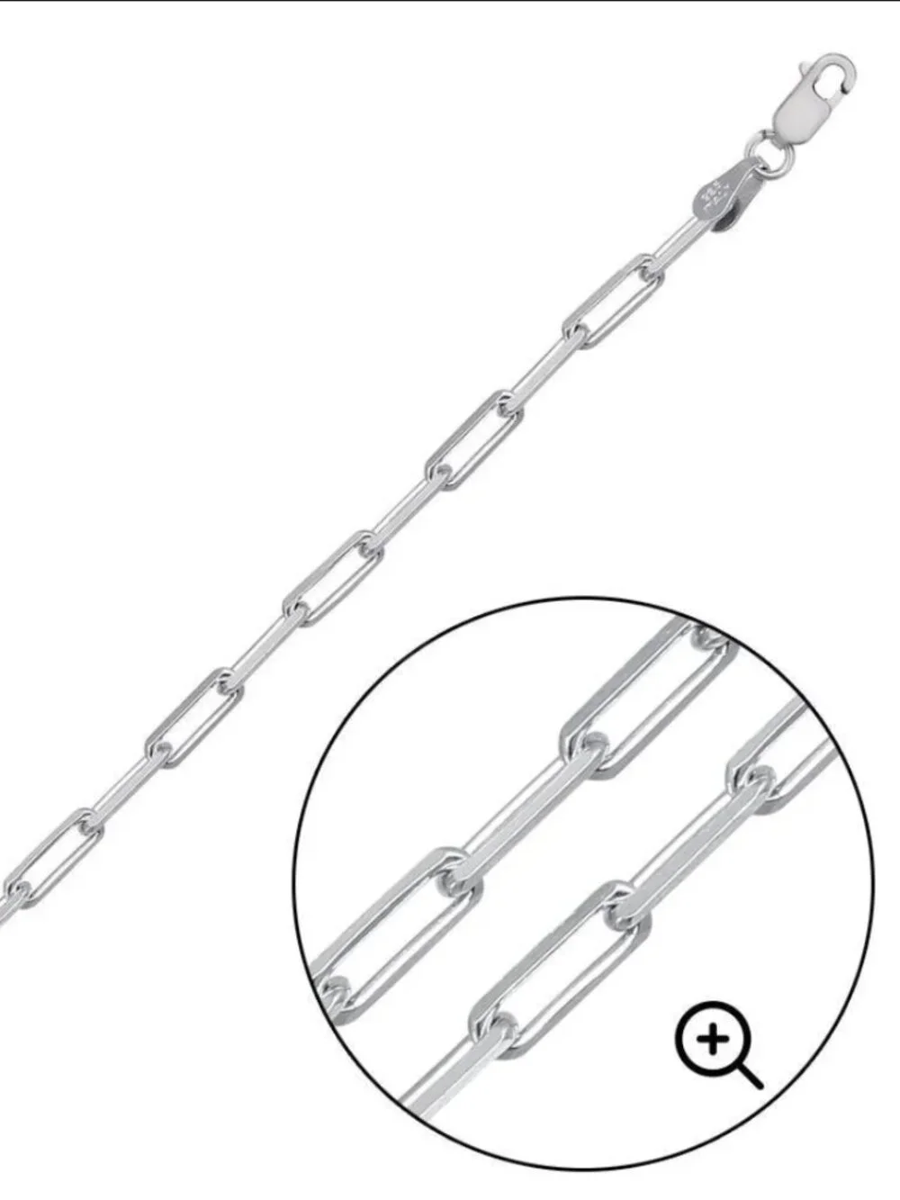 Sterling Silver 925 Rhodium Plated Paperclip Bracelet 2.8mm 8 inches